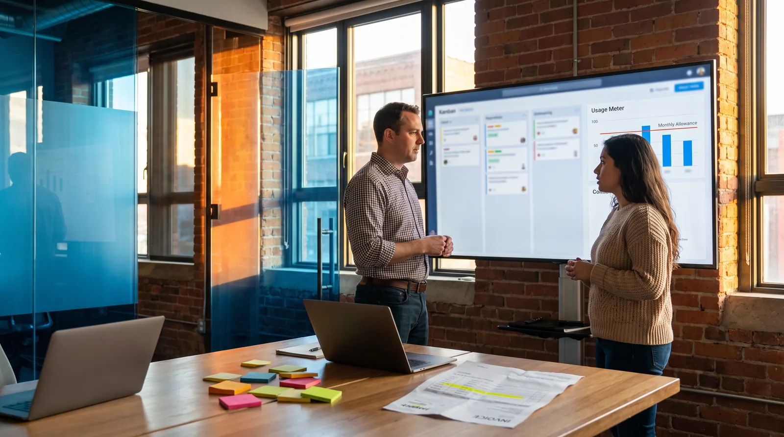 Engineering manager and IT lead reviewing a team board and a monthly AI usage meter