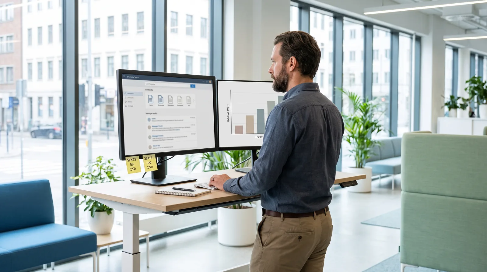 IT administrator comparing search results and yearly cost on two monitors