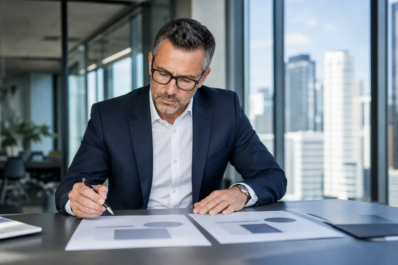 Operations lead comparing two printed AI platform plans side by side at an office desk