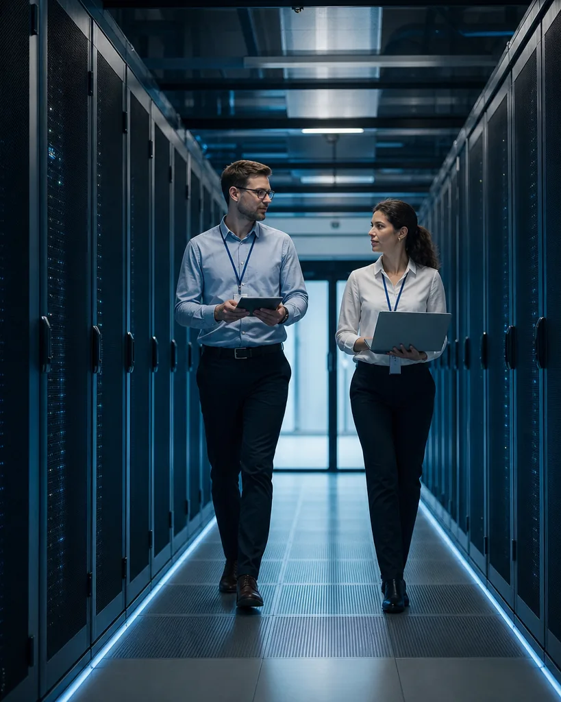 Aisle of server racks in a modern data center