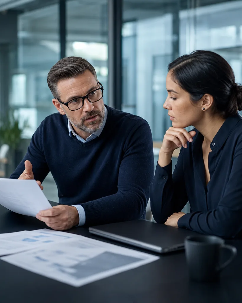 IT security lead reviewing access policies with a colleague in a glass meeting room