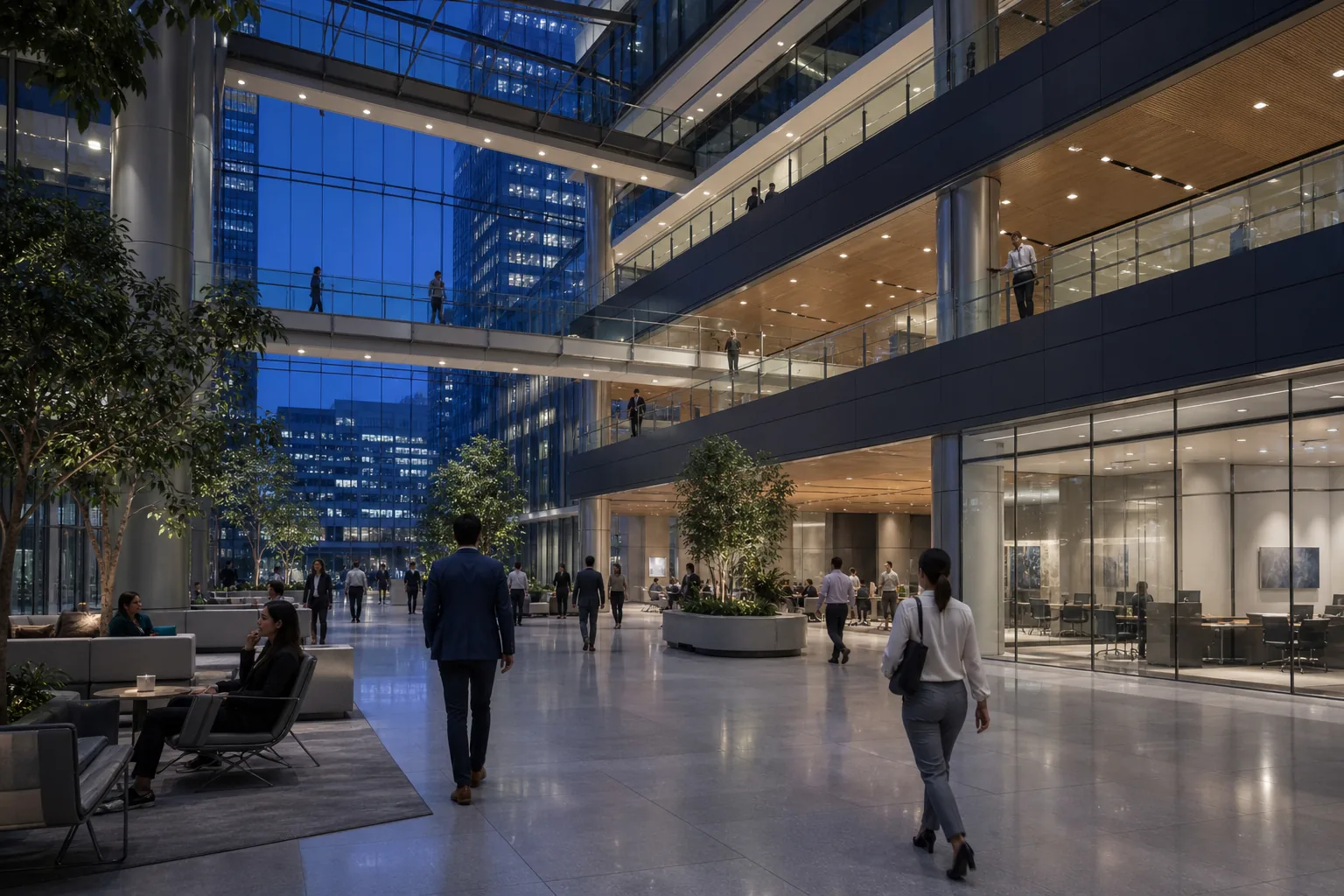 Glass atrium of a corporate headquarters with employees crossing a bright lobby