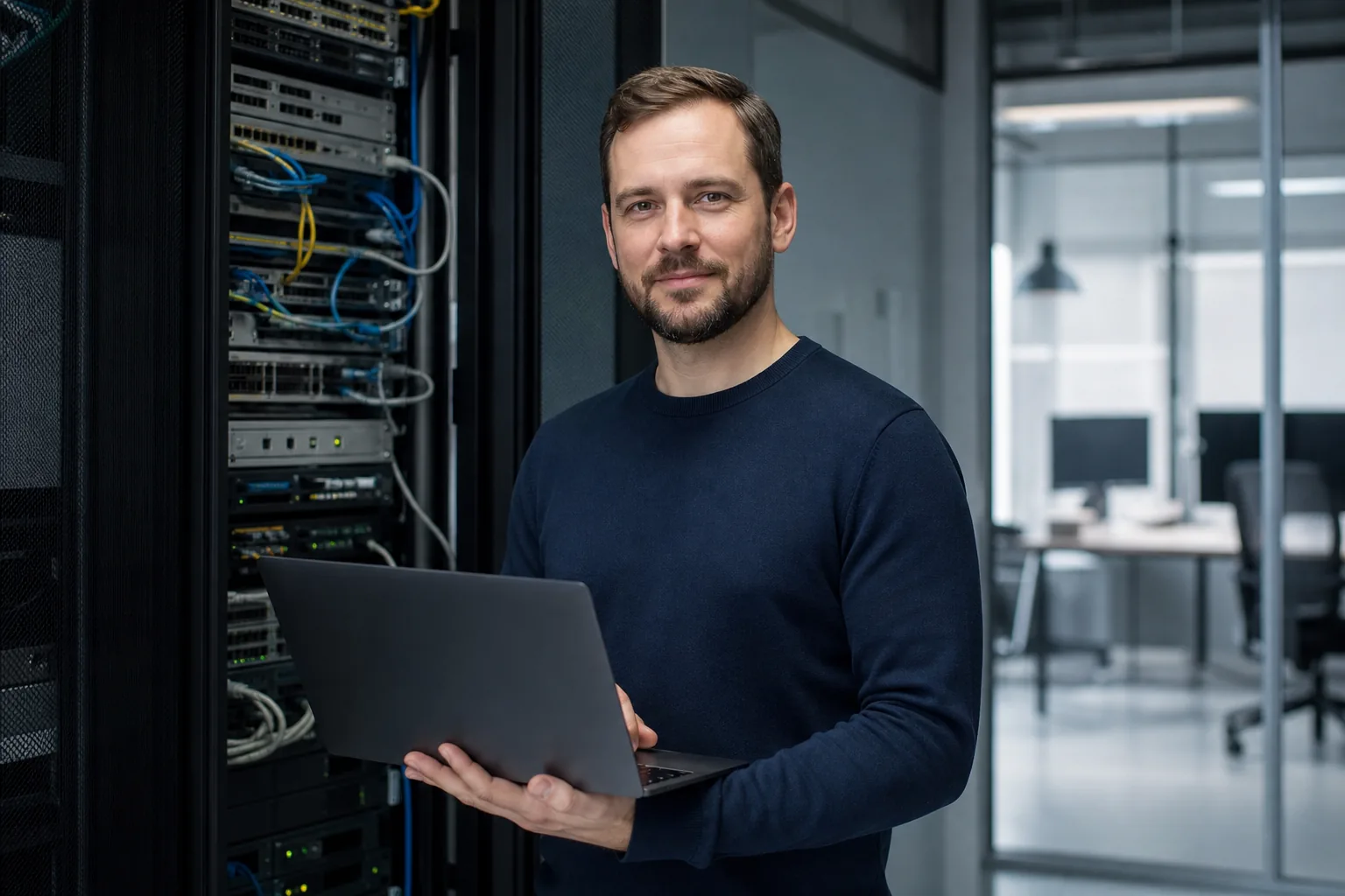 IT administrator connecting company systems in a server room office