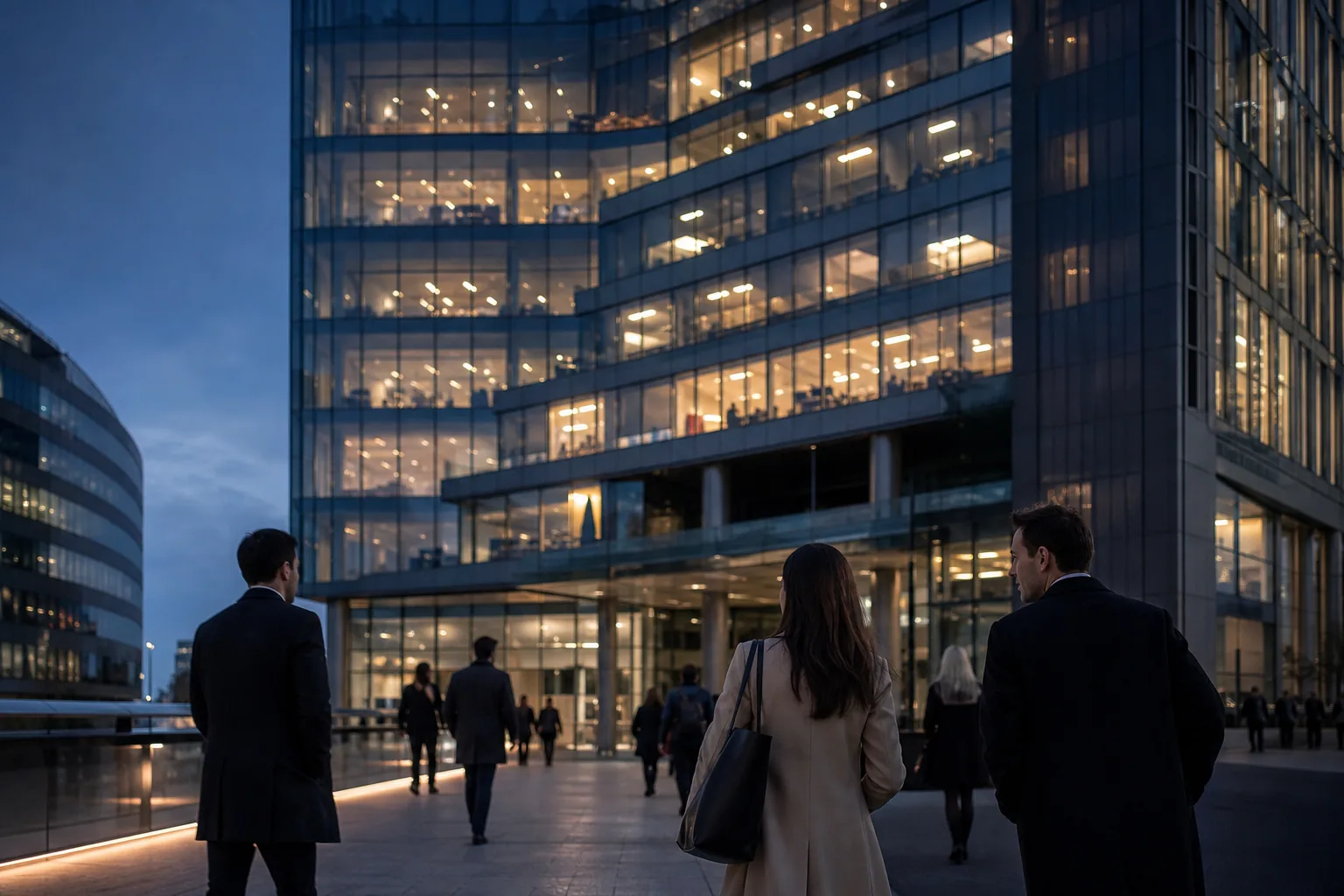 Corporate office tower at dusk with lit floors