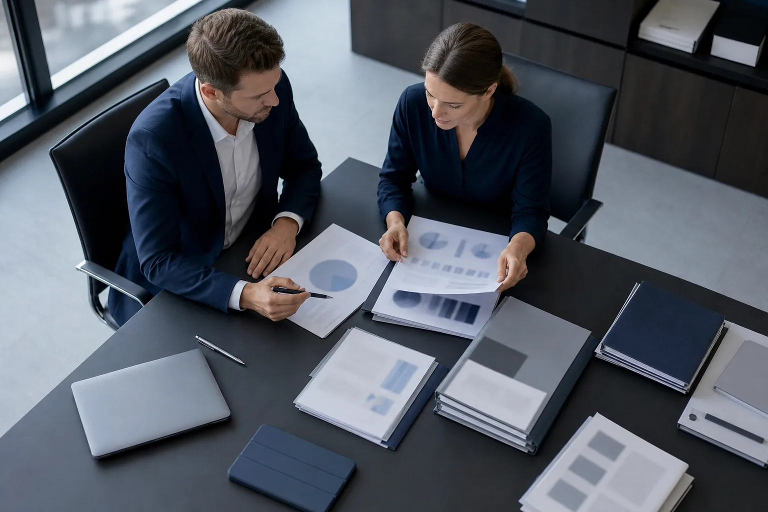 Desk with printed documents, folders and a laptop in a company office