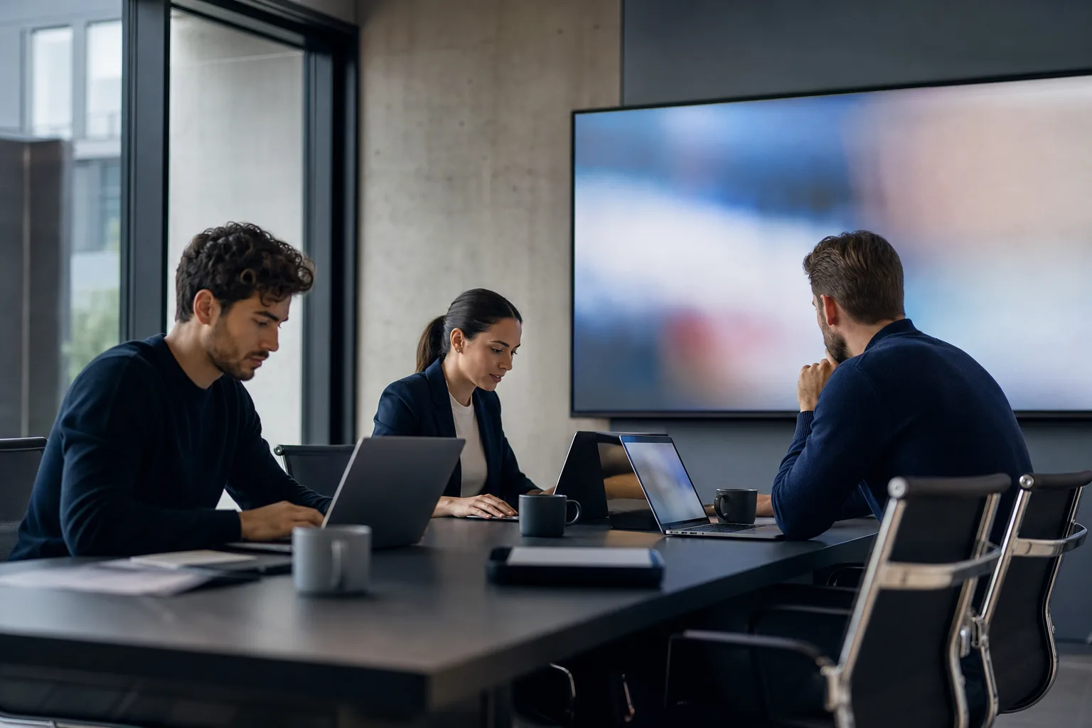 Team workspace with laptops and a large display in a meeting room