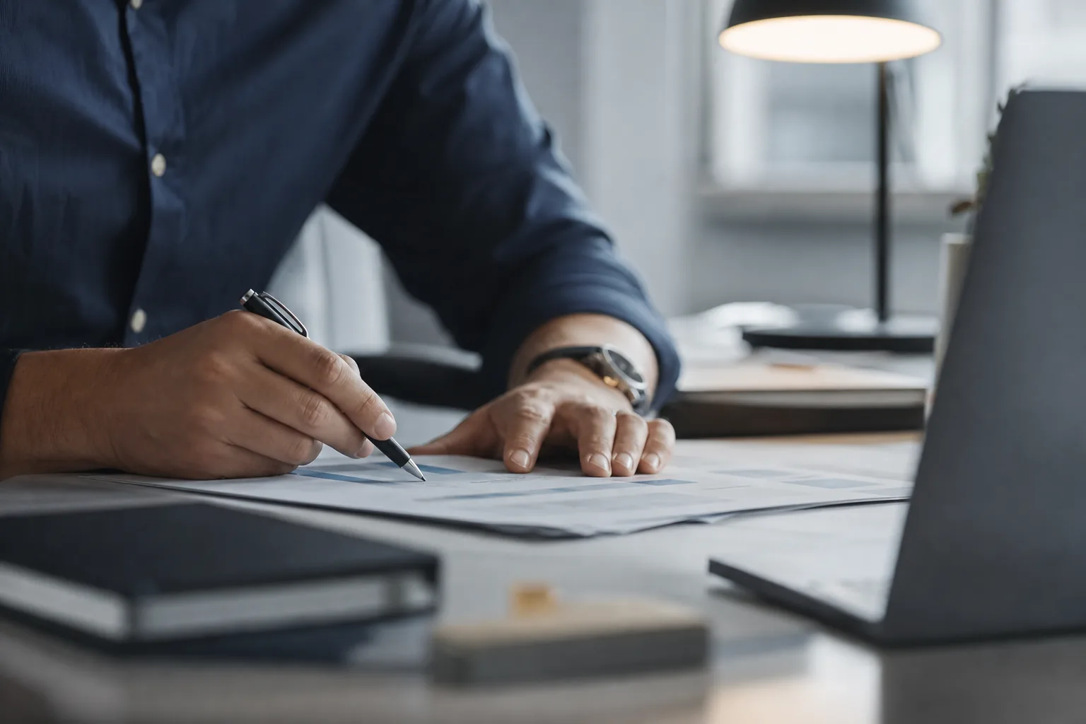 Analyst reviewing highlighted passages in a printed report
