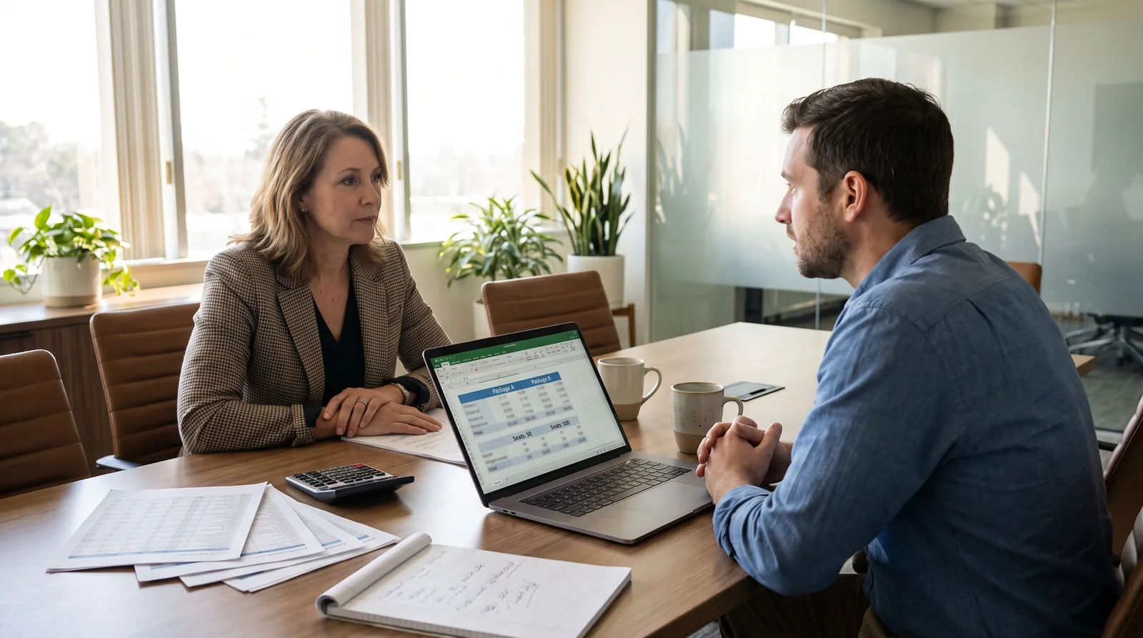 Two IT managers comparing AI assistant seat quotes on a laptop