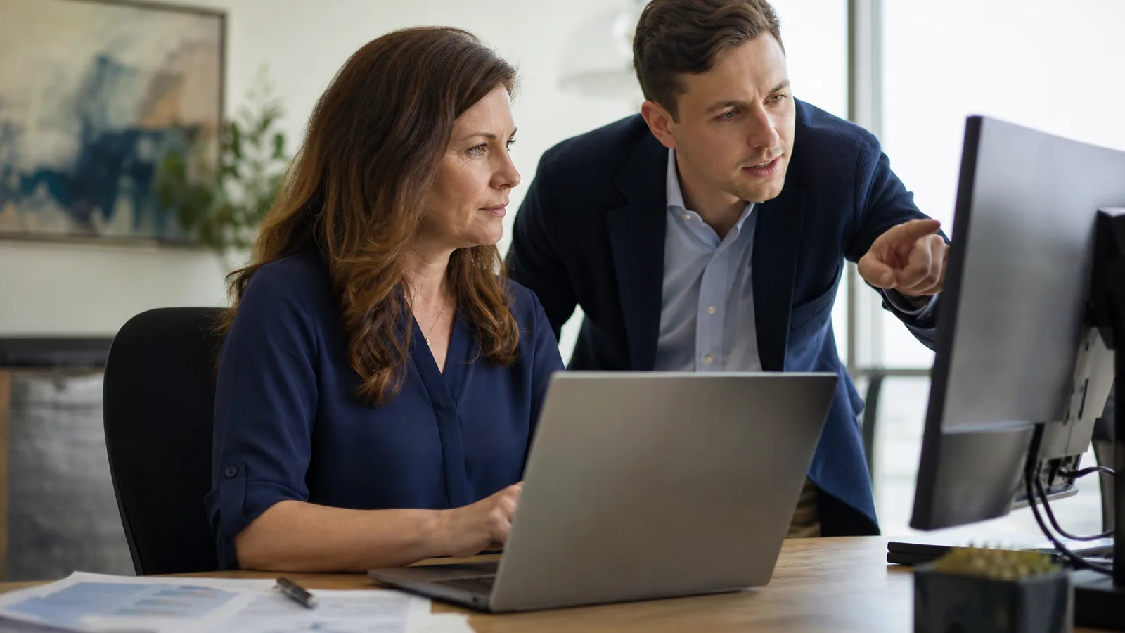 Operations manager and colleague comparing software seat costs for company search