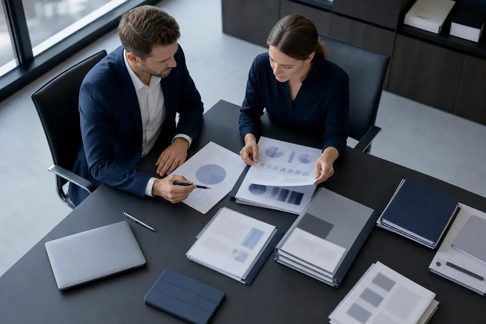 Two colleagues reviewing printed cost reports for a company knowledge base