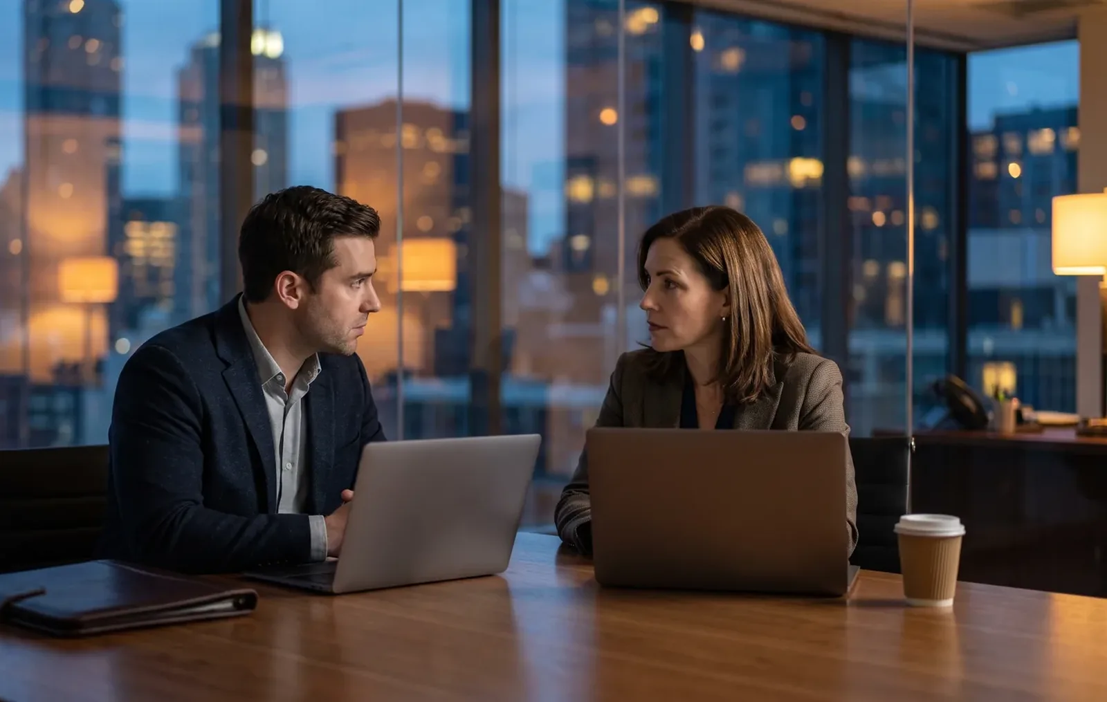 Deal team in a glass office comparing AI research tools before a purchase