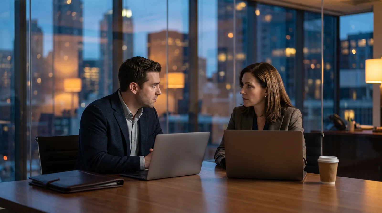 Investment team in a glass office weighing an AI research tool purchase