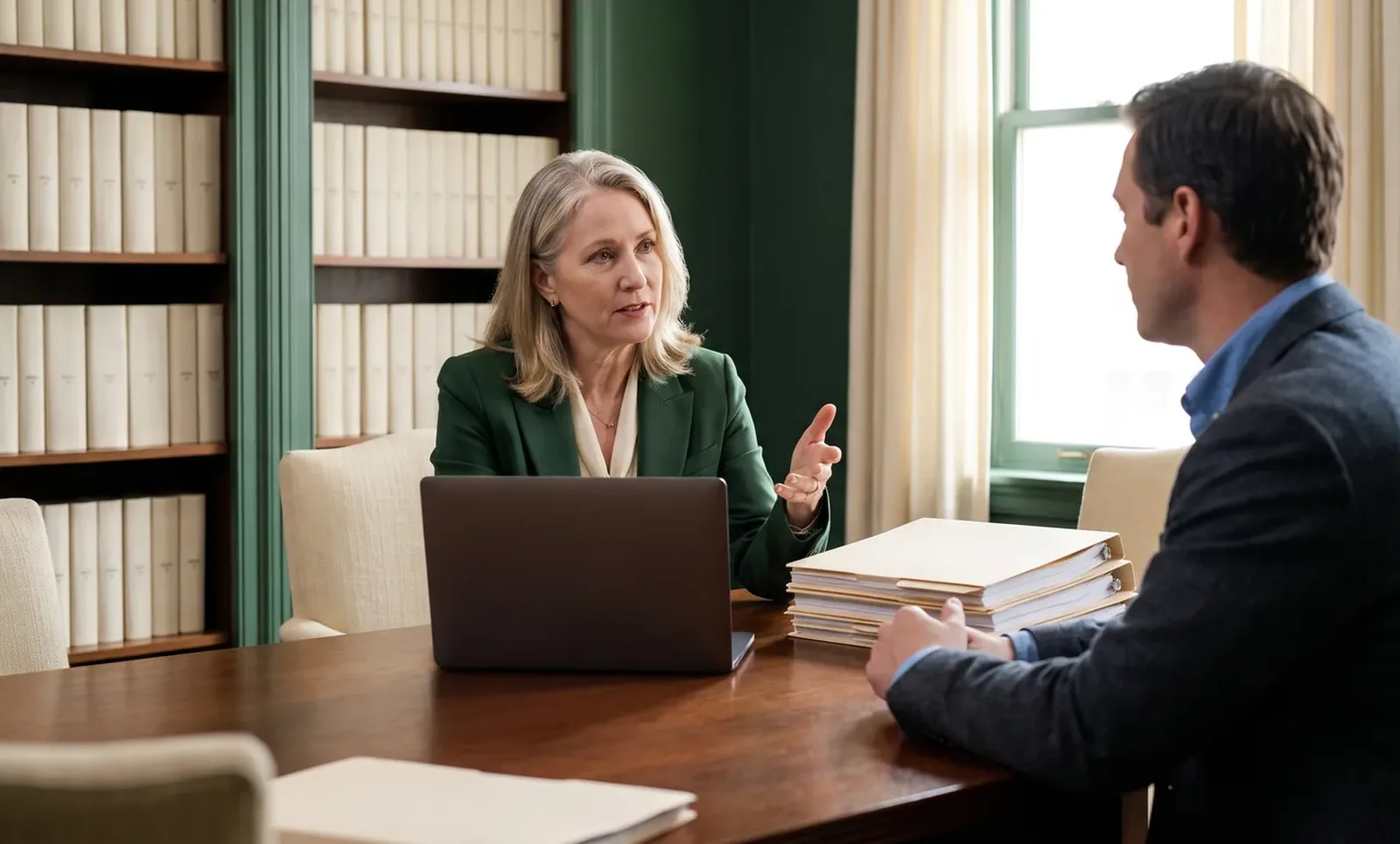 Law and finance professionals discussing an AI research tool purchase at a conference table