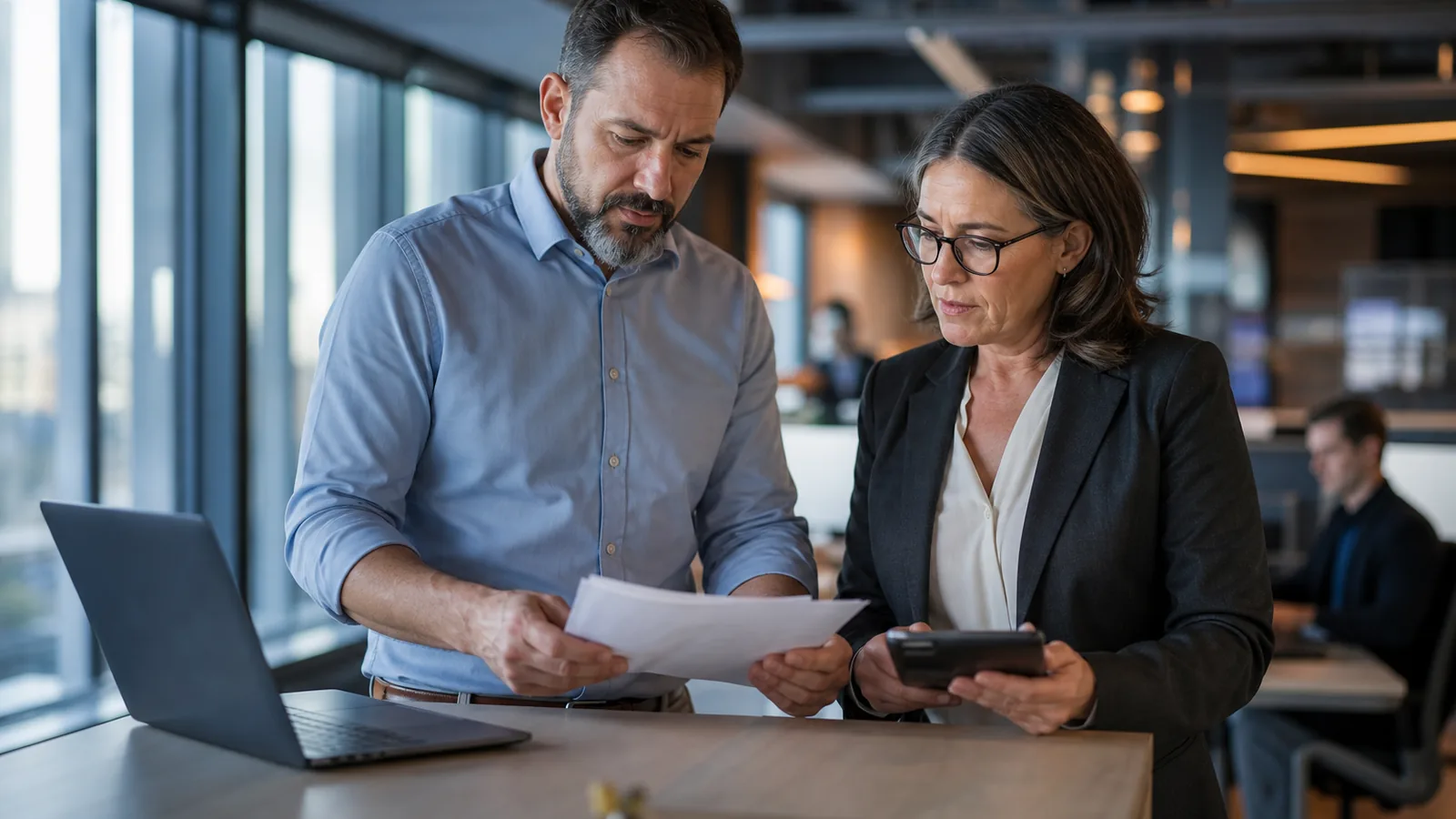 IT director and a procurement manager comparing an AI platform quote at a standing desk