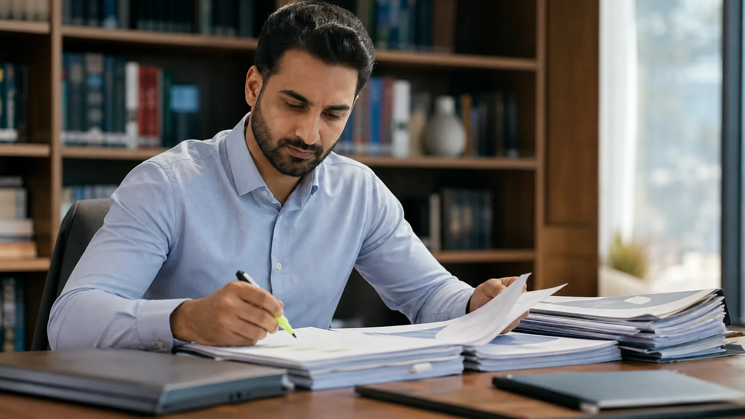 Analyst reviewing a stack of research reports at a desk in a corporate office