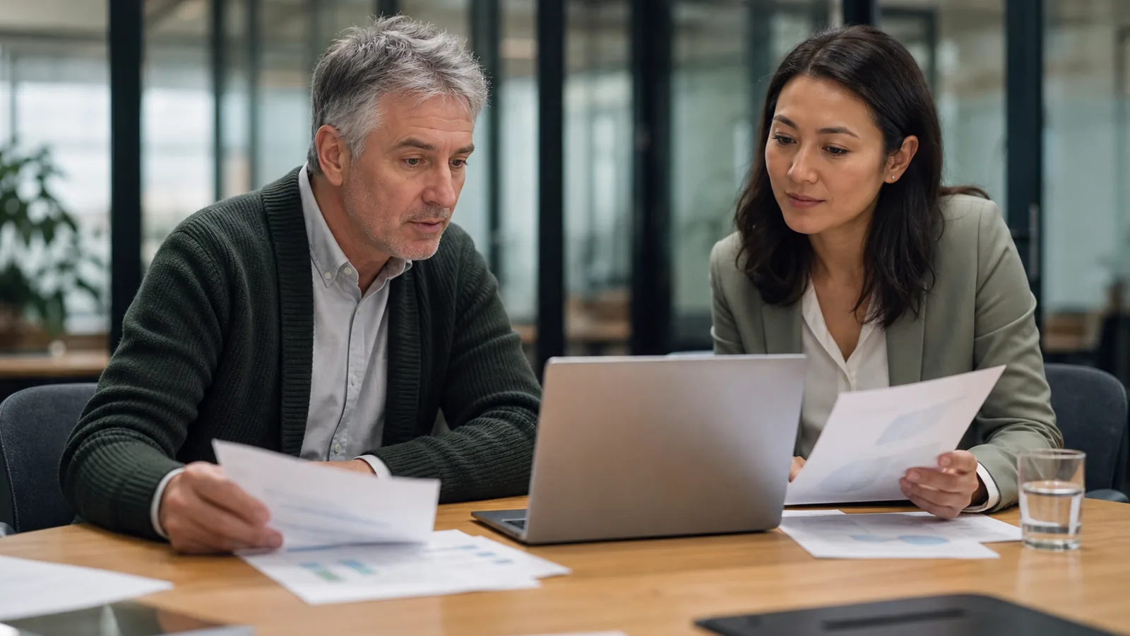 HR technology lead and a finance partner comparing AI assistant seat costs in a meeting room